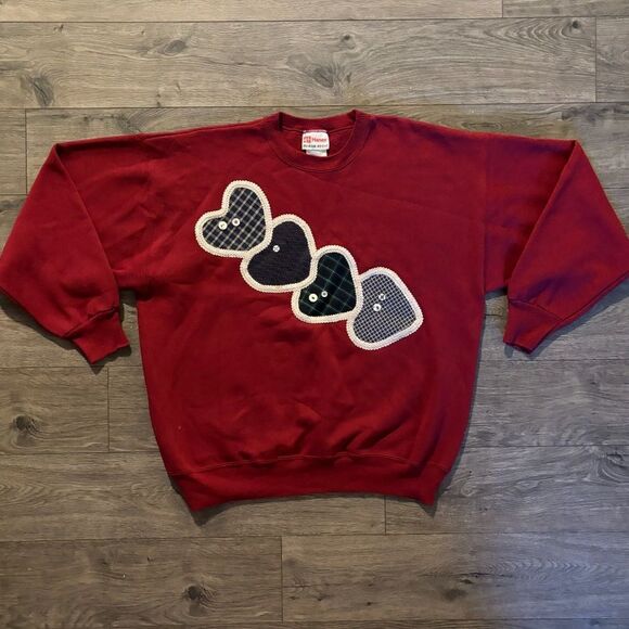 Vintage 90’s Crewneck Sweatshirt Hearts embellished Stitch‎ Cottagecore XL - Picture 1 of 5